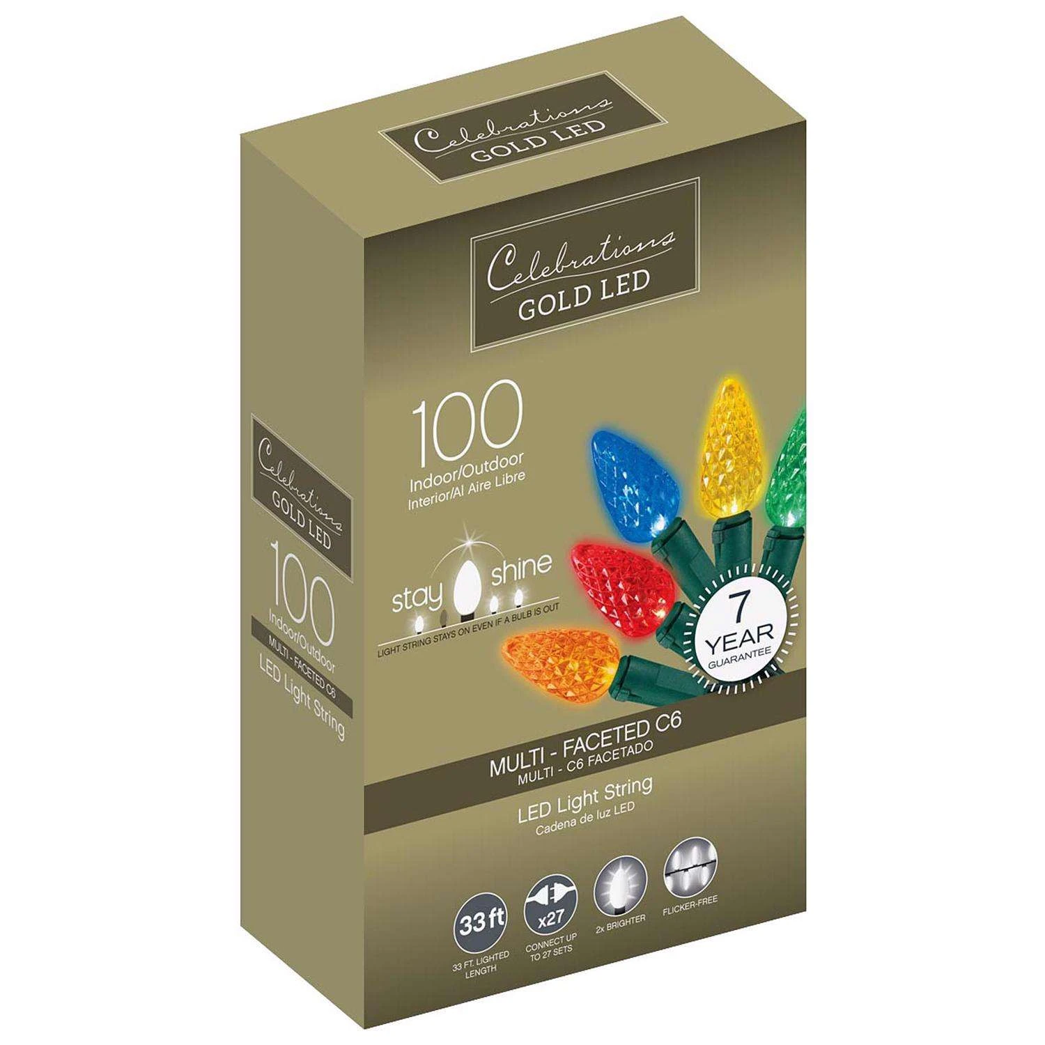 Celebrations Gold LED C6 Multicolored 100 Ct String Christmas Lights 33 Ft.