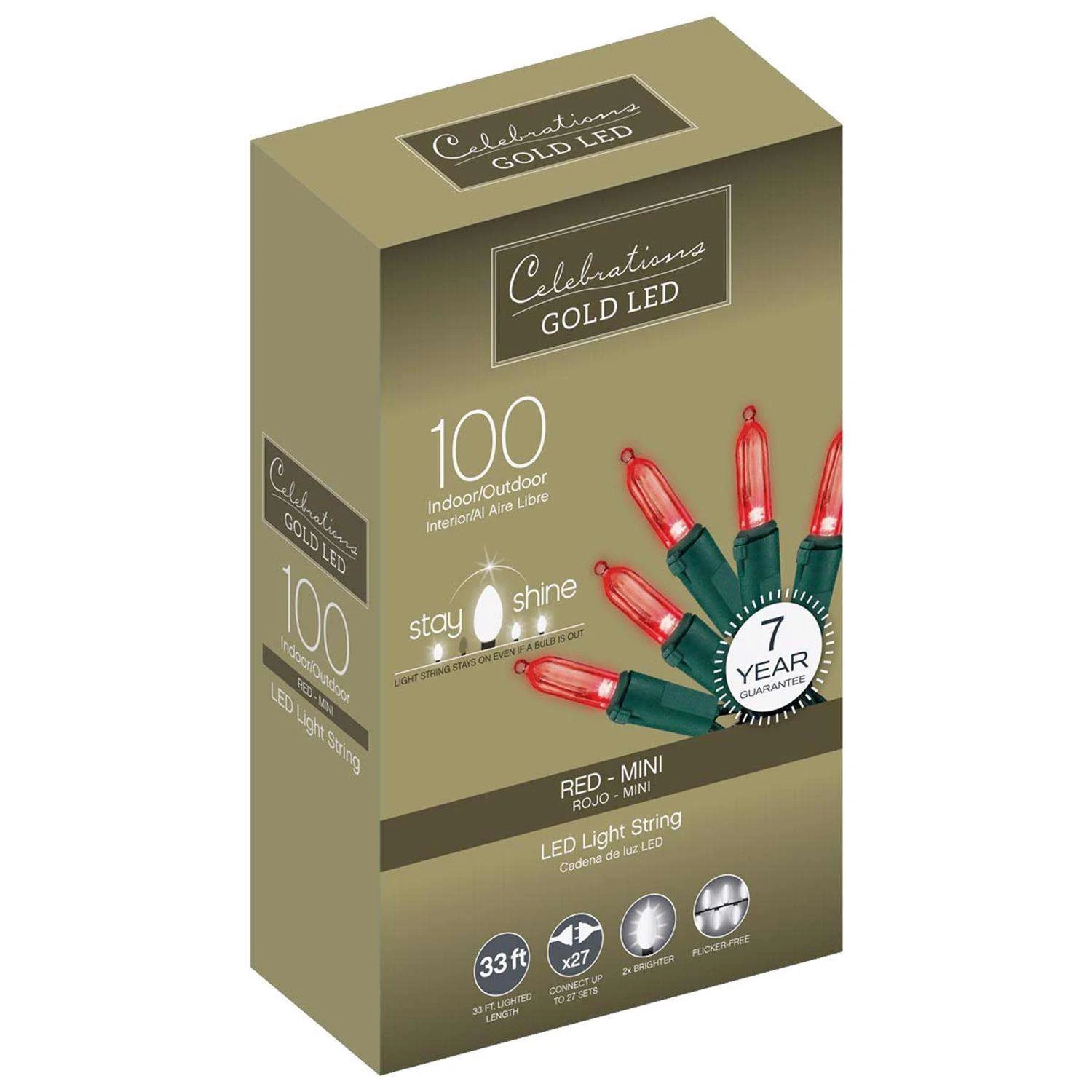 Celebrations Gold LED Mini Red 100 Ct String Christmas Lights 33 Ft.