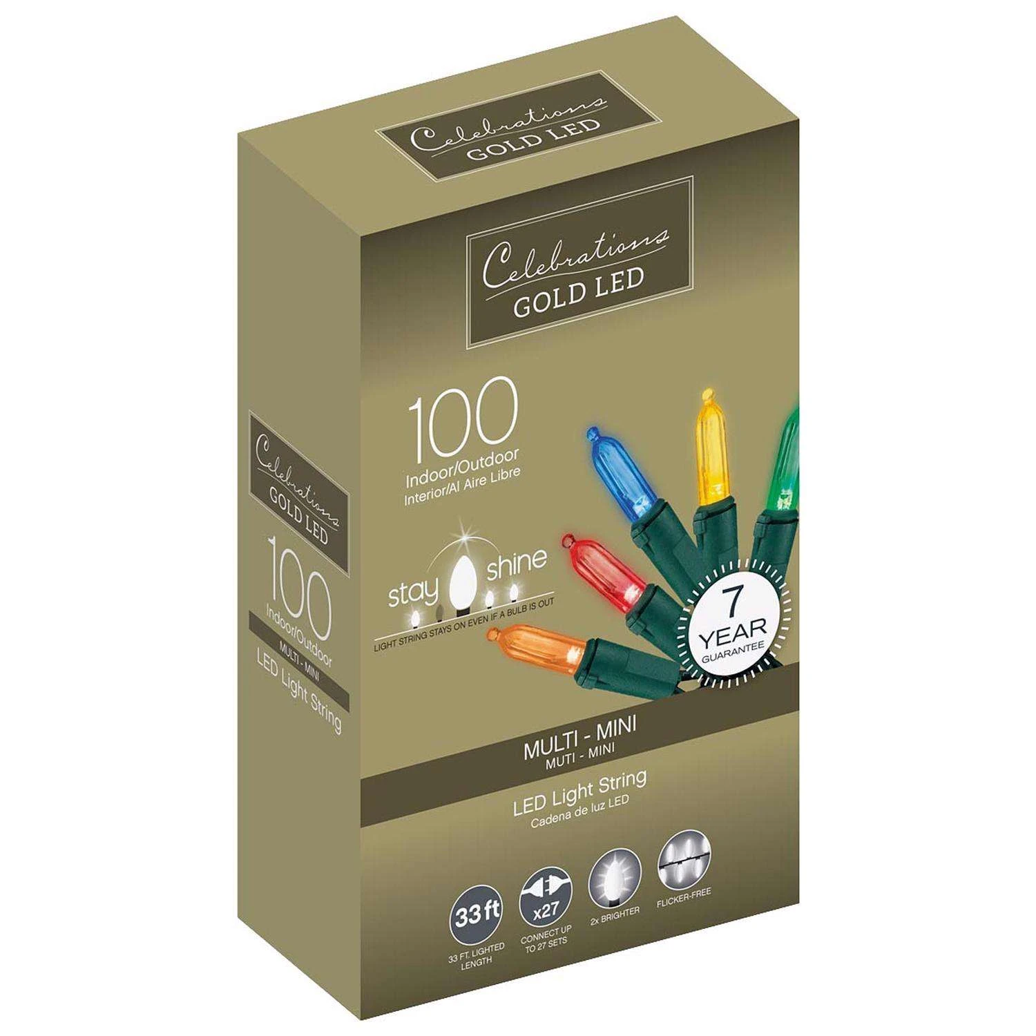 Celebrations Gold LED Mini Multicolored 100 Ct String Christmas Lights 33 Ft.