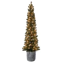 Celebrations 5 Ft. Pencil LED 100 Ct Green Alpine Resin Potted Christmas Tree