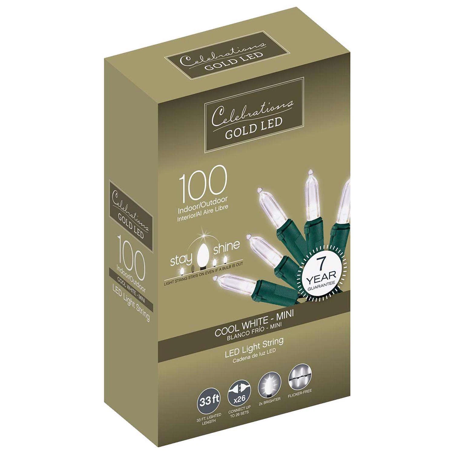 Celebrations Gold LED Mini Cool White 100 Ct String Christmas Lights 33 Ft.