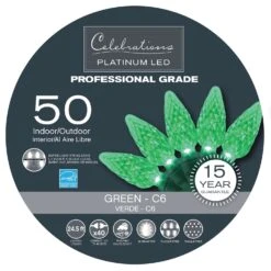 Celebrations Platinum LED C6 Green 50 Ct String Christmas Lights 24.5 Ft.
